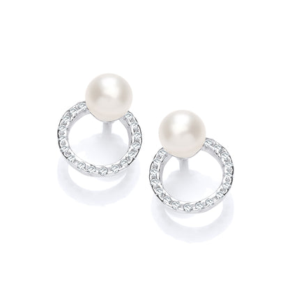 Silver  CZ Pearl Full Moon Halo Orbit Drop Earrings 4.5mm - GVE923