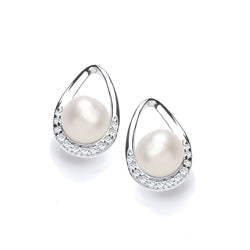 Silver  CZ Pearl Full Moon Pear Avocado Drop Earrings 6mm - GVE924