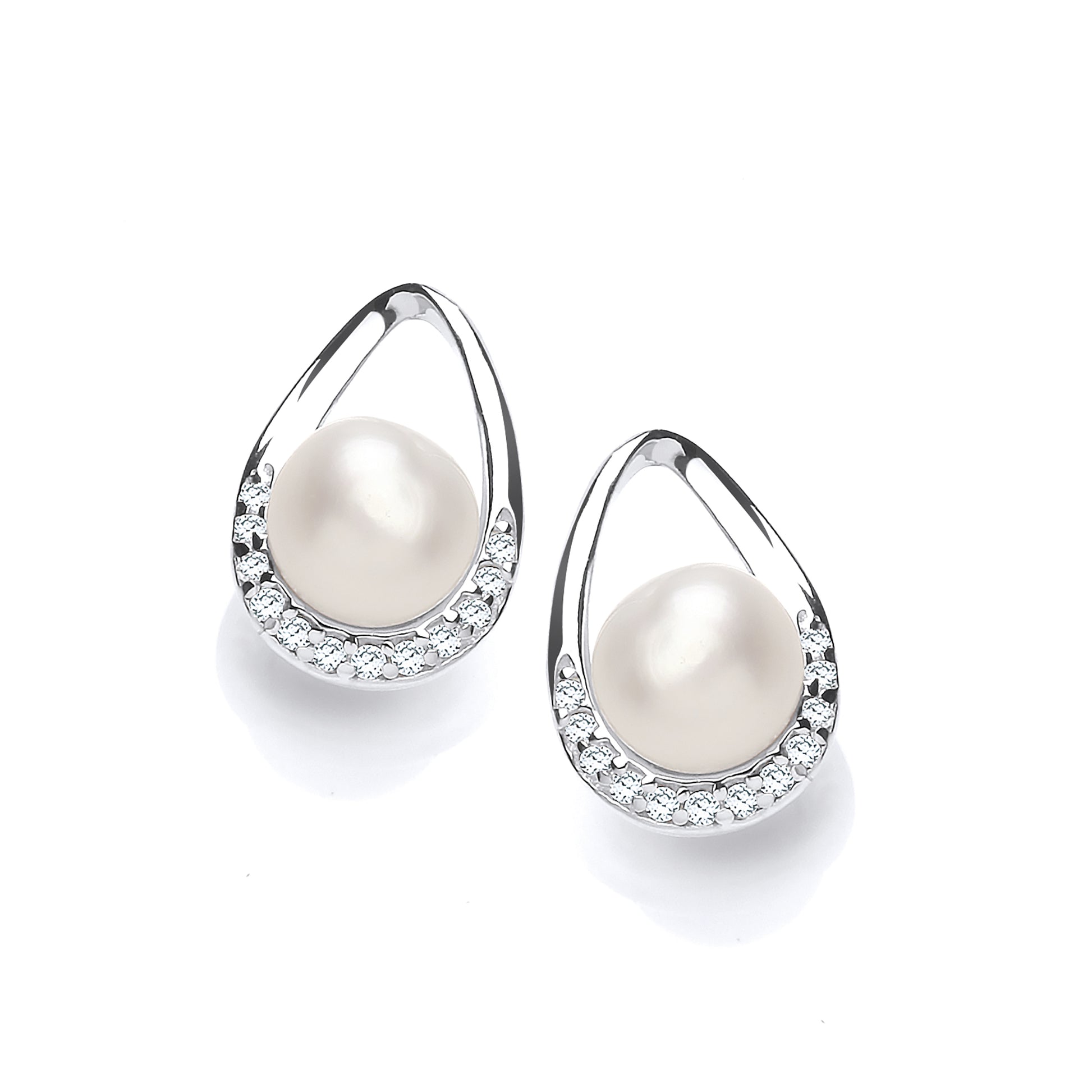 Silver  CZ Pearl Full Moon Pear Avocado Drop Earrings 6mm - GVE924