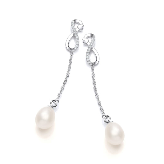 Silver  CZ Pearl Infinity Love Heart Drop Earrings 8x10mm - GVE925