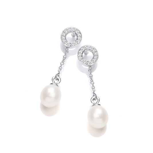 Silver  CZ Pearl Halo Chain Drop Earrings 6x8mm - GVE927