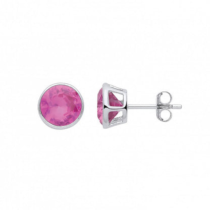 Silver  Pink CZ October Birthstone Bubble Stud Earrings 9mm - GVE928PINK