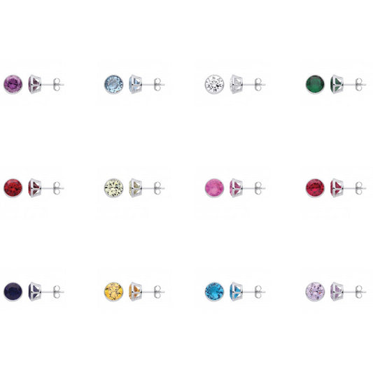 Silver  CZ Birthstone Stud Earrings 9mm -