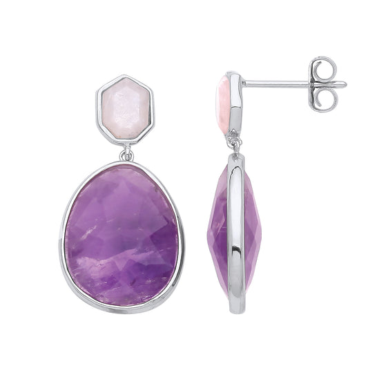 Silver  Purple Pink Heptagon Amethyst Quartz Avocado Drop Earrings - GVE929