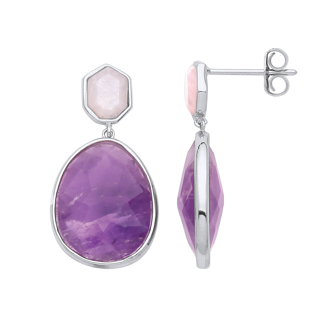 Silver  Purple Pink Amethyst Quartz Toi et Moi Drop Earrings - GVE929