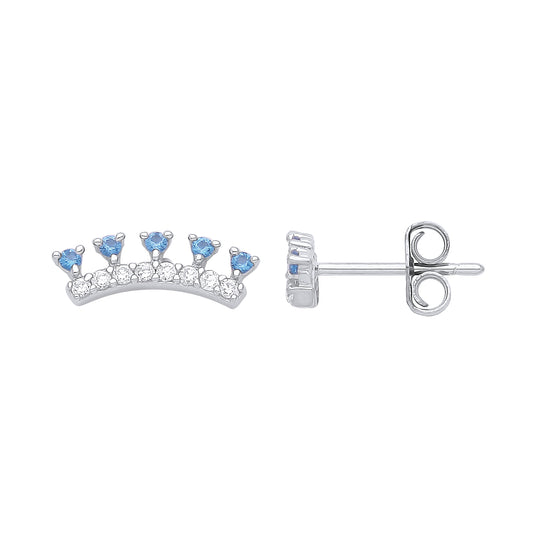 925 Sterling Silver  Blue CZ Arc Tiara Stud Earrings - GVE932