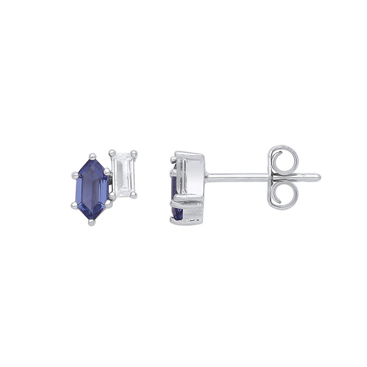 Silver  Blue Hexagon CZ Offset Bypass Odd Couple Stud Earrings - GVE935