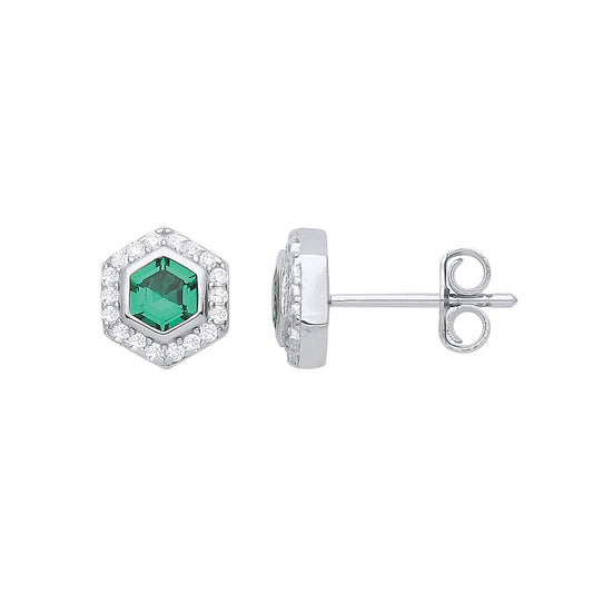 Sterling Silver  Green Hexagon Honeycomb CZ Halo Stud Earrings - GVE937