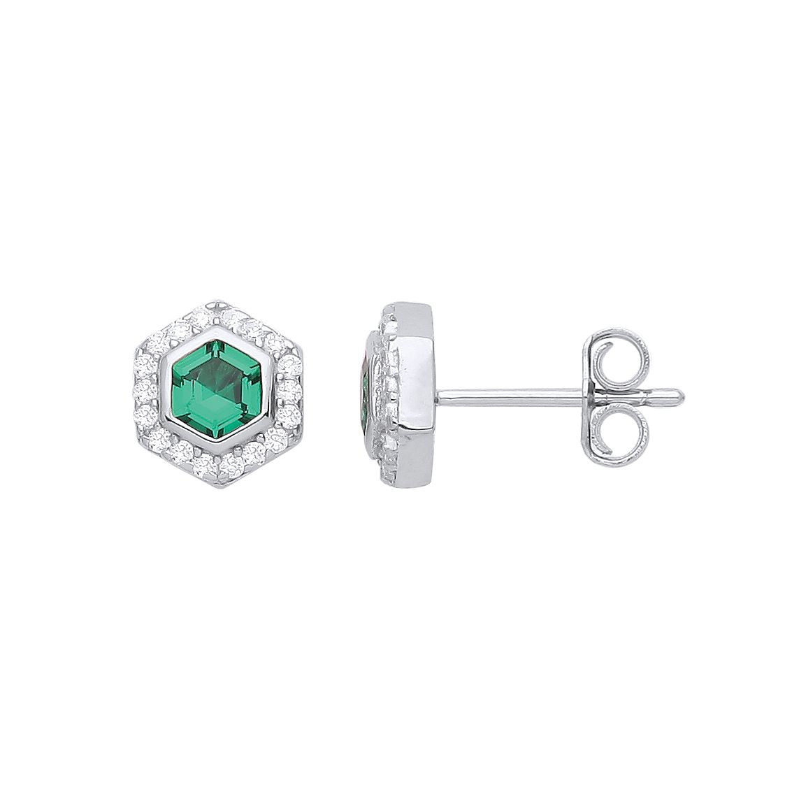 Sterling Silver  Green Hexagon Honeycomb CZ Halo Stud Earrings - GVE937