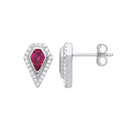 925 Sterling Silver  Red Kite CZ Pentagon Halo Stud Earrings - GVE938