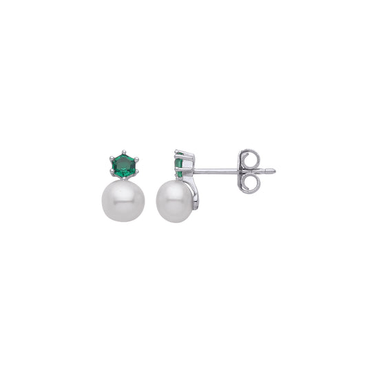 Silver  Green Hexagon Pearl CZ Hexagonal Headdress Stud Earrings - GVE941