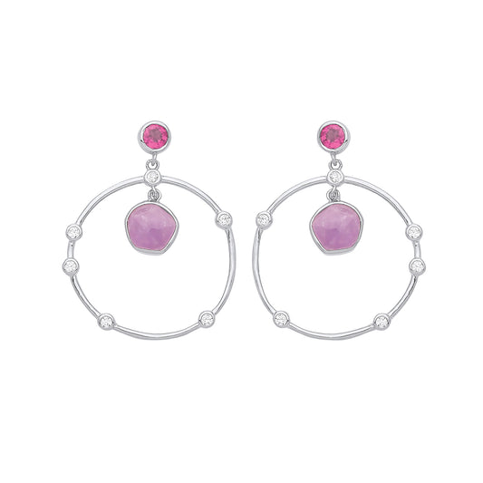 Silver  Lilac Hot Pink Amethyst CZ Orbit Loop Drop Earrings - GVE943