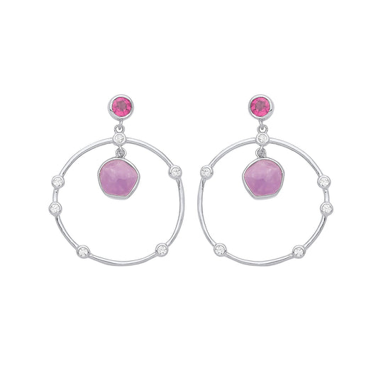 Silver  Lilac Hot Pink Amethyst CZ Orbit Loop Drop Earrings - GVE943
