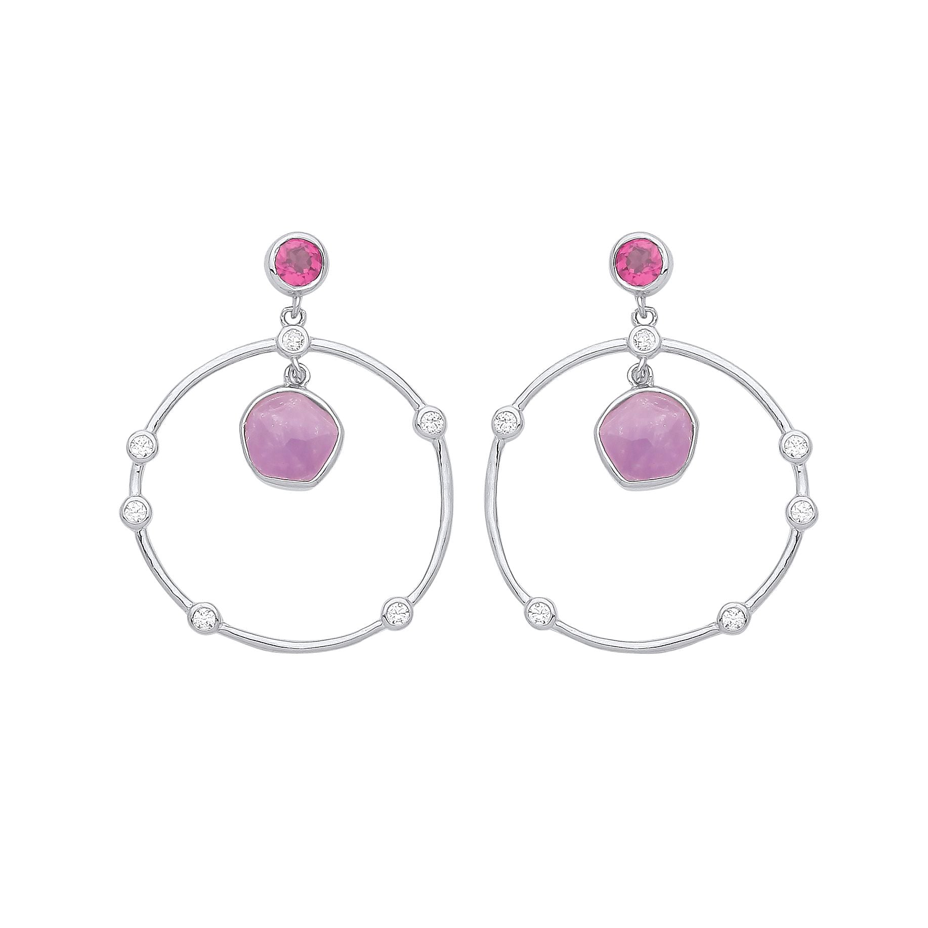 Silver  Lilac Hot Pink Amethyst CZ Orbit Loop Drop Earrings - GVE943