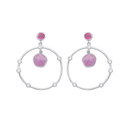 Silver  Lilac Hot Pink Amethyst CZ Orbit Loop Drop Earrings - GVE943