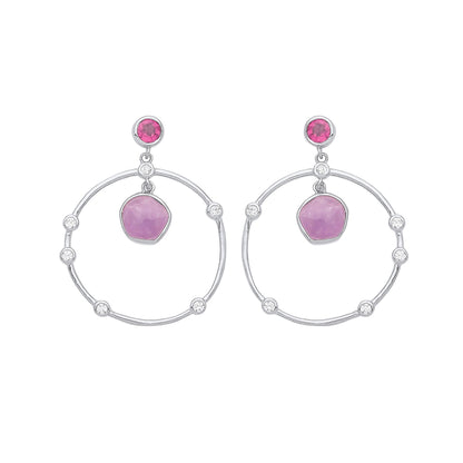 Silver  Lilac Hot Pink Amethyst CZ Orbit Loop Drop Earrings - GVE943