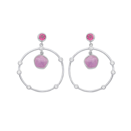 Silver  Lilac Hot Pink Amethyst CZ Orbit Loop Drop Earrings - GVE943