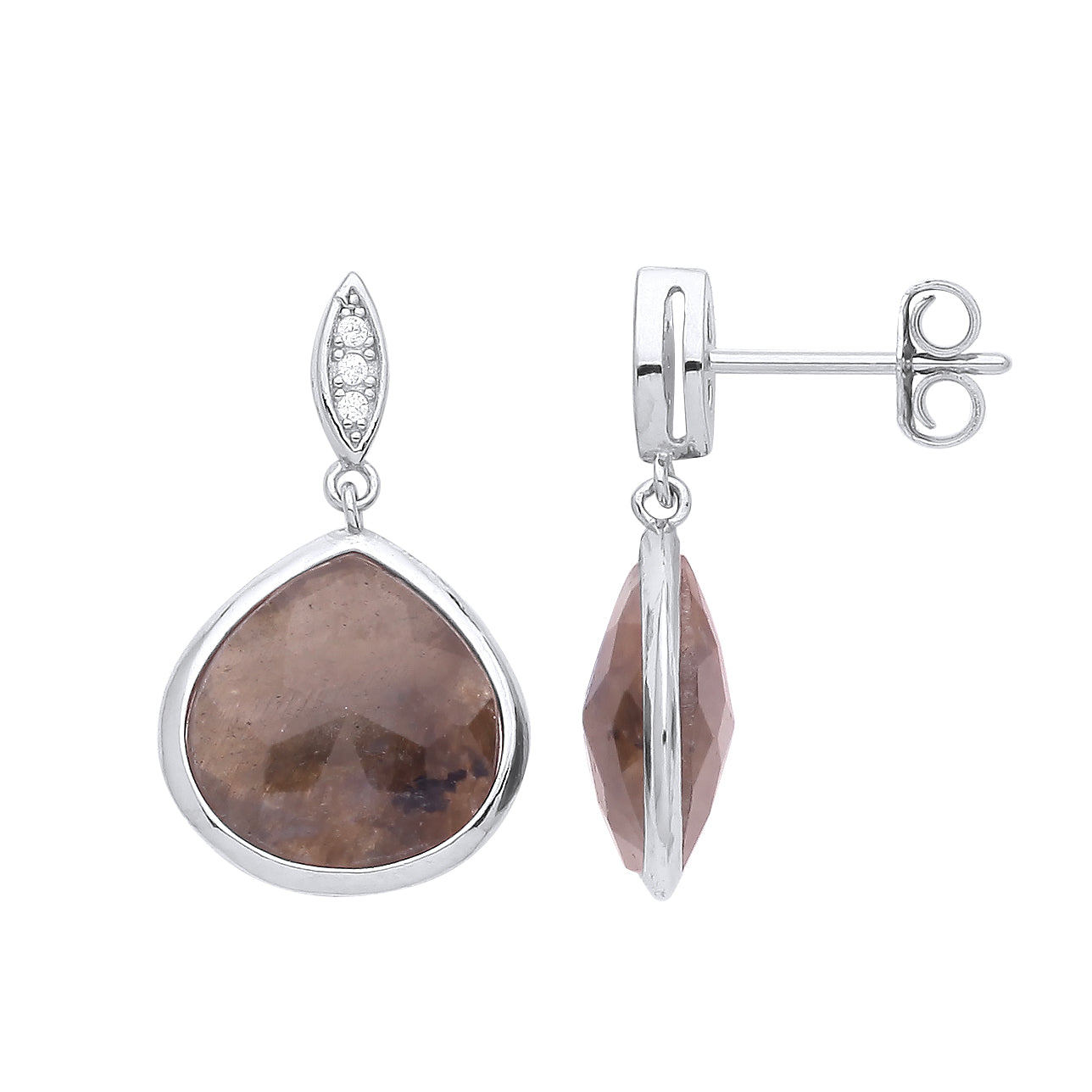 925 Silver  Brown- Pear Quartz CZ Peapod Wide Pear Drop Earrings - GVE944