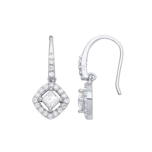 Silver  Square Cushion Rotated Halo Solitaire Drop Earrings - GVE945