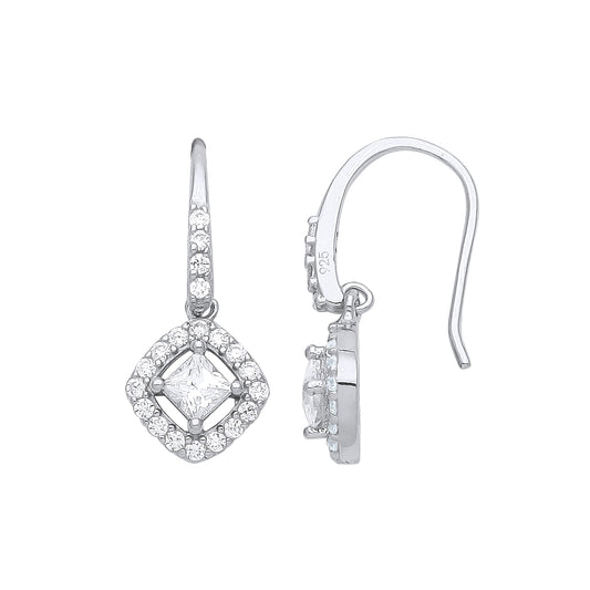 Silver  Princess CZ Square Cushion Rotated Halo Drop Earrings - GVE945