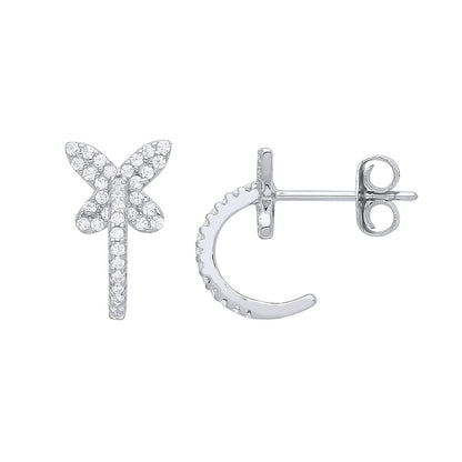 925 Sterling Silver  CZ Semi Eternity Hoop Butterfly Drop Earrings - GVE946