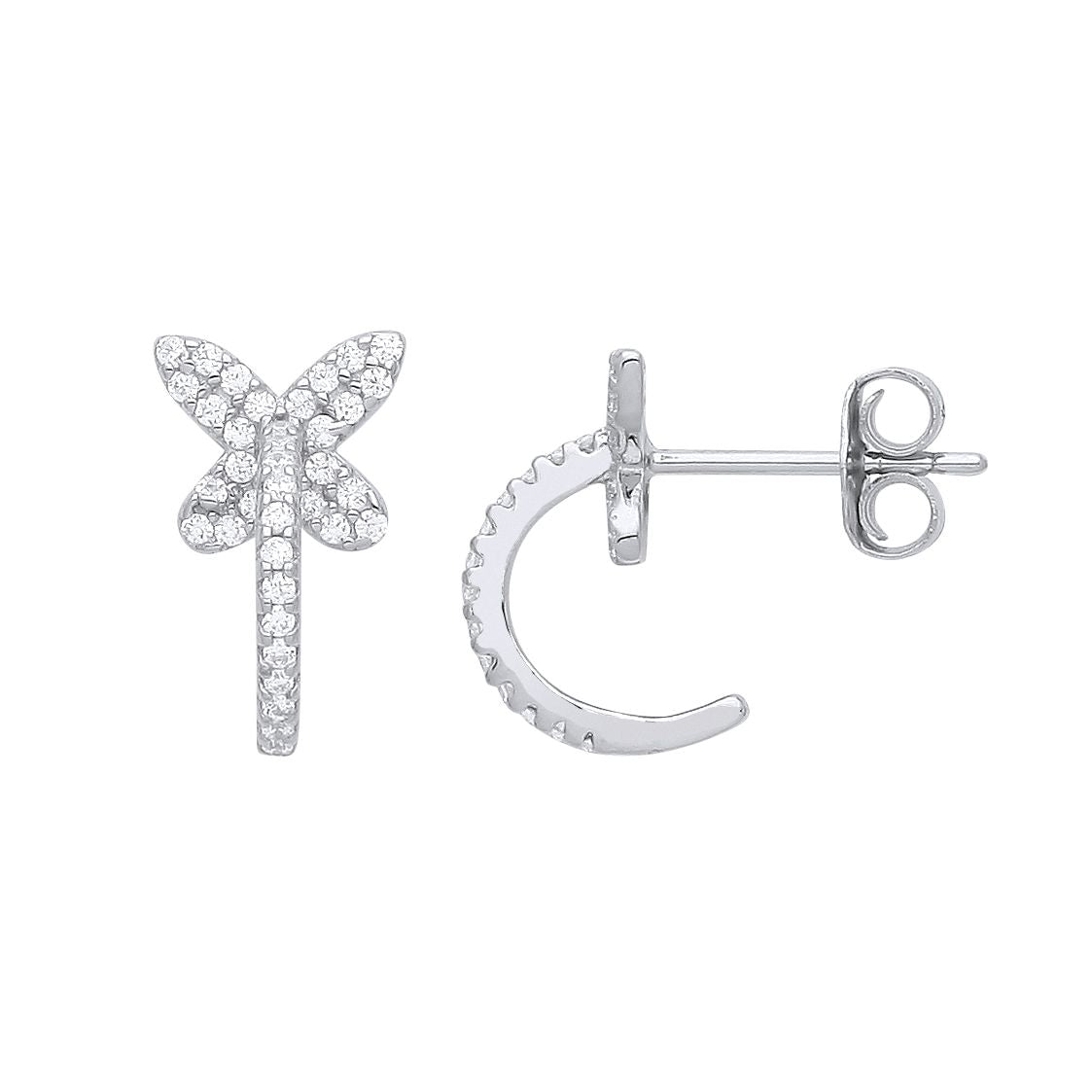 925 Sterling Silver  CZ Semi Eternity Hoop Butterfly Drop Earrings - GVE946