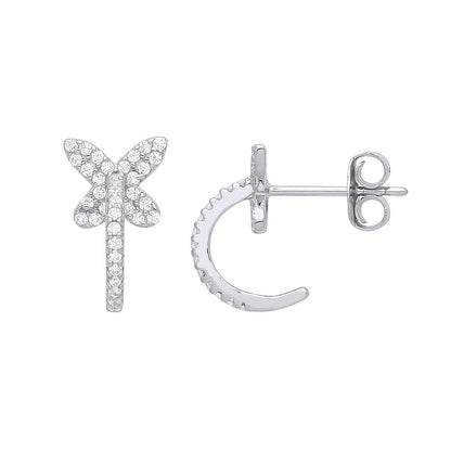 925 Sterling Silver  CZ Semi Eternity Hoop Butterfly Drop Earrings - GVE946