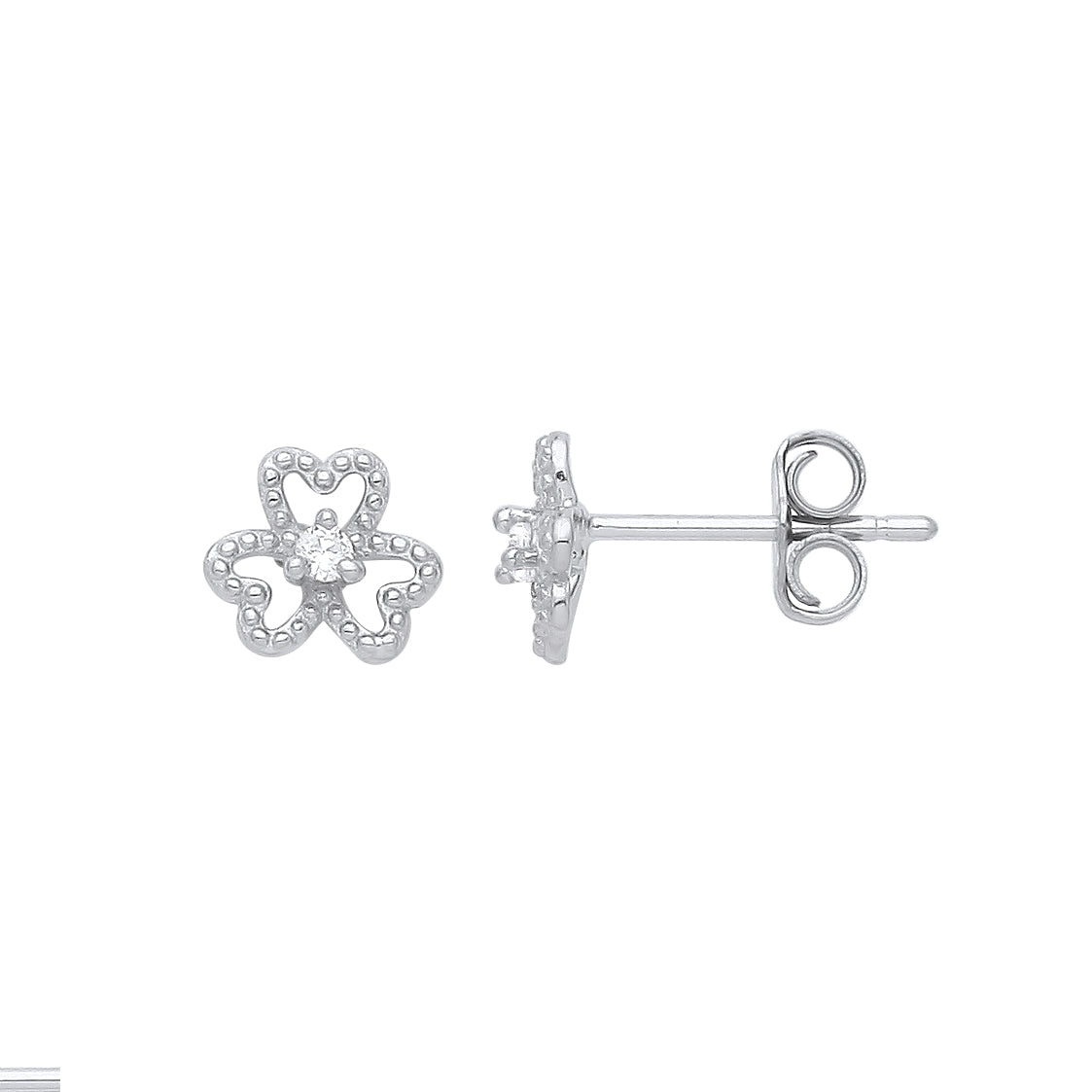 Silver  Love Heart Beaded Clover Solitaire Stud Earrings - GVE949