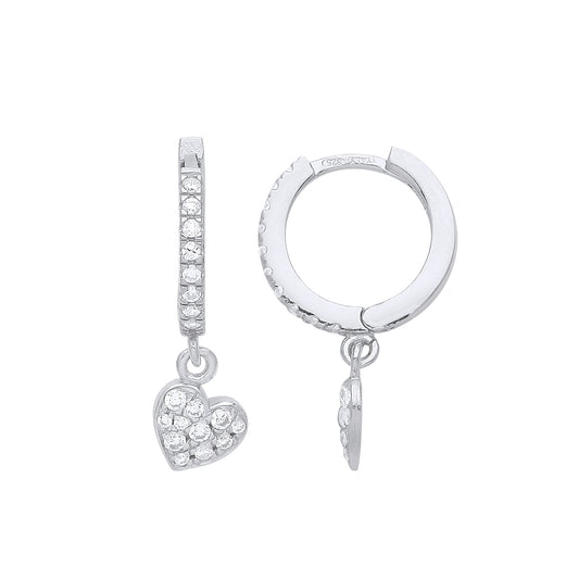 Sterling Silver  CZ Eternity Huggie Hoop Love Heart Drop Earrings - GVE952