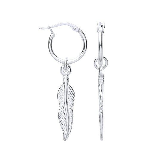 Silver  Angel Wing Feather Leaf Hoop Drop Earrings - GVE955