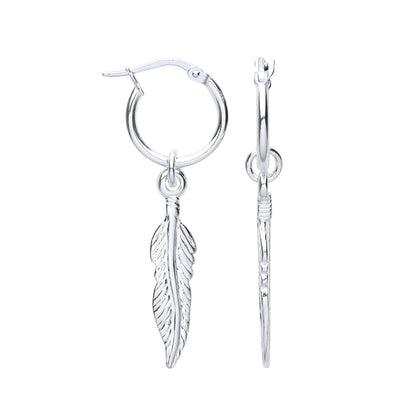 925 Sterling Silver  Angel Wing Feather Leaf Hoop Drop Earrings - GVE955