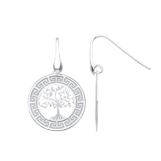 Silver  Greek Key Tree of Life Circle Drop Earrings - GVE957