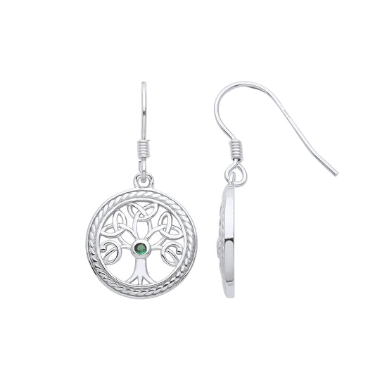 Silver  Rope Circle Celtic Tree of Life Solitaire Drop Earrings - GVE962