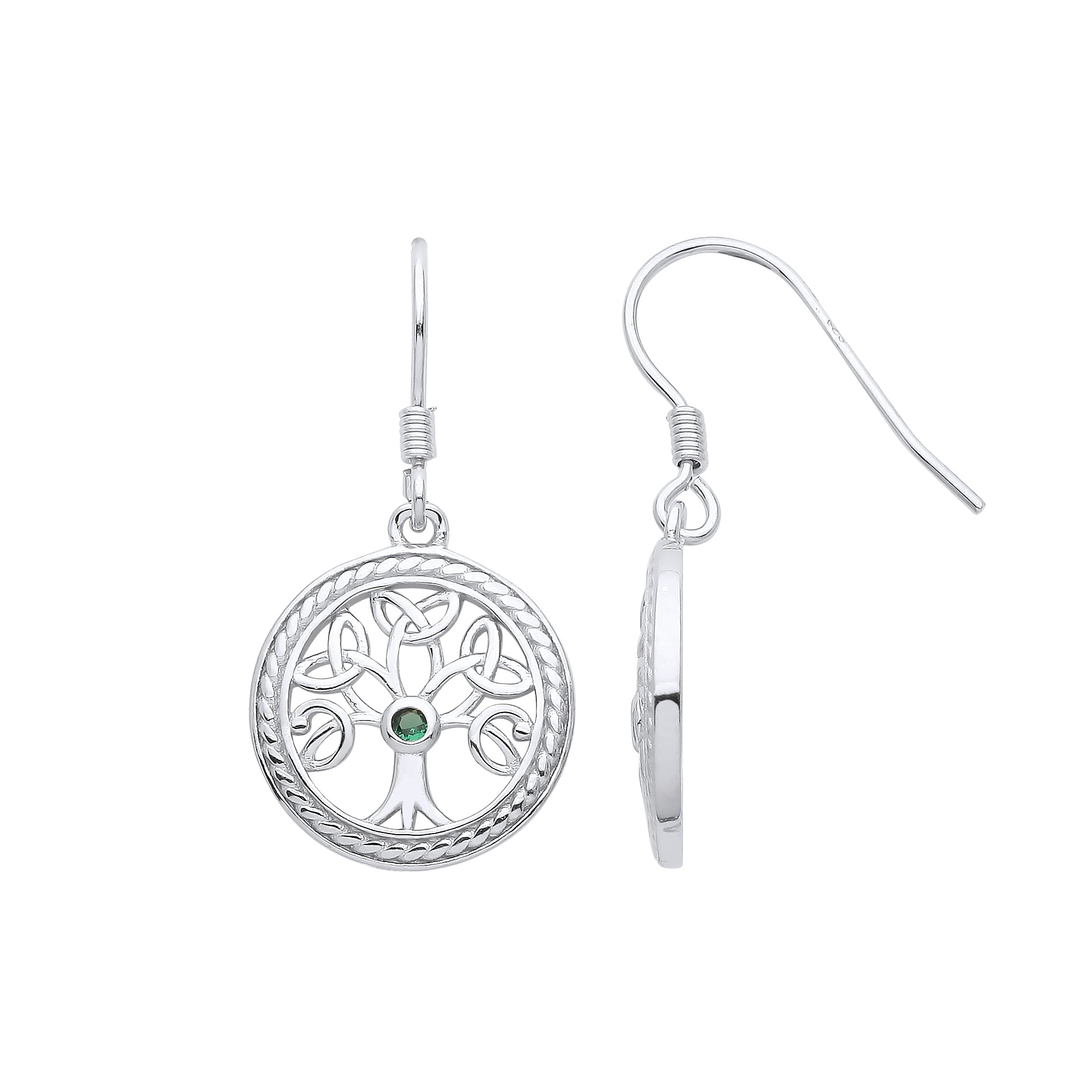 Silver  Green CZ Rope Circle Celtic Tree of Life Drop Earrings - GVE962