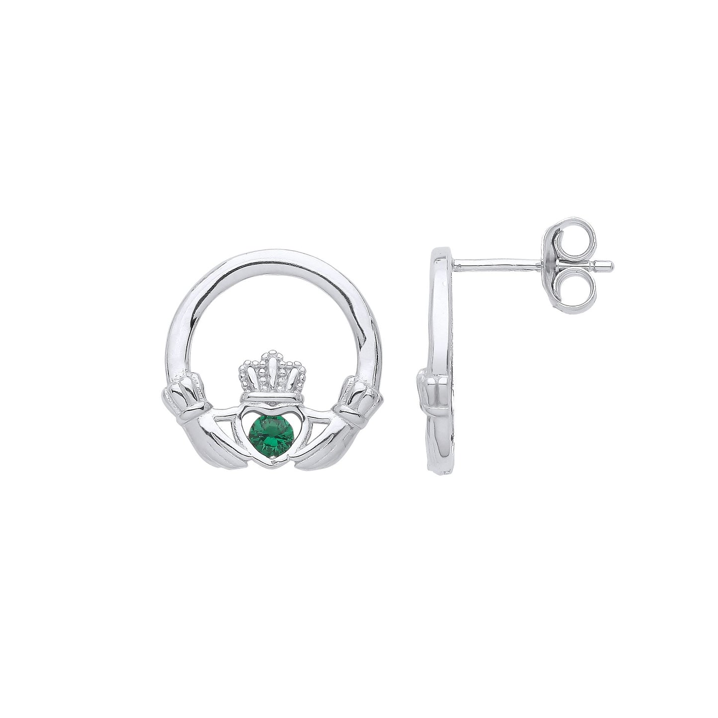 Silver  Green CZ Claddagh fáinne Chladaigh Solitaire Stud Earrings - GVE966SML