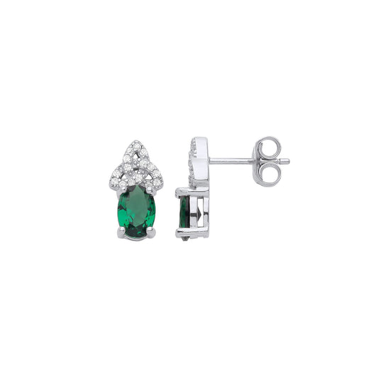 Silver Green Oval CZ Trefoil Triquetra Trinity Knot Stud Earrings - GVE967