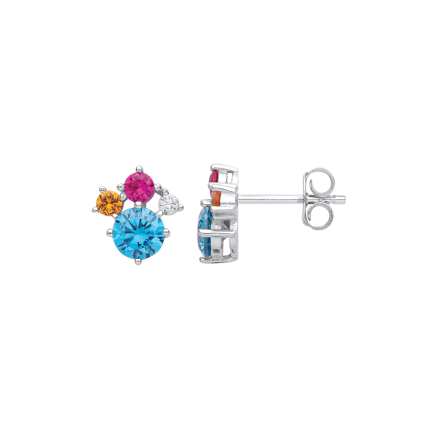 Silver  Swiss Blue Pink Amber CZ CMY Primary Colour Stud Earrings - GVE971