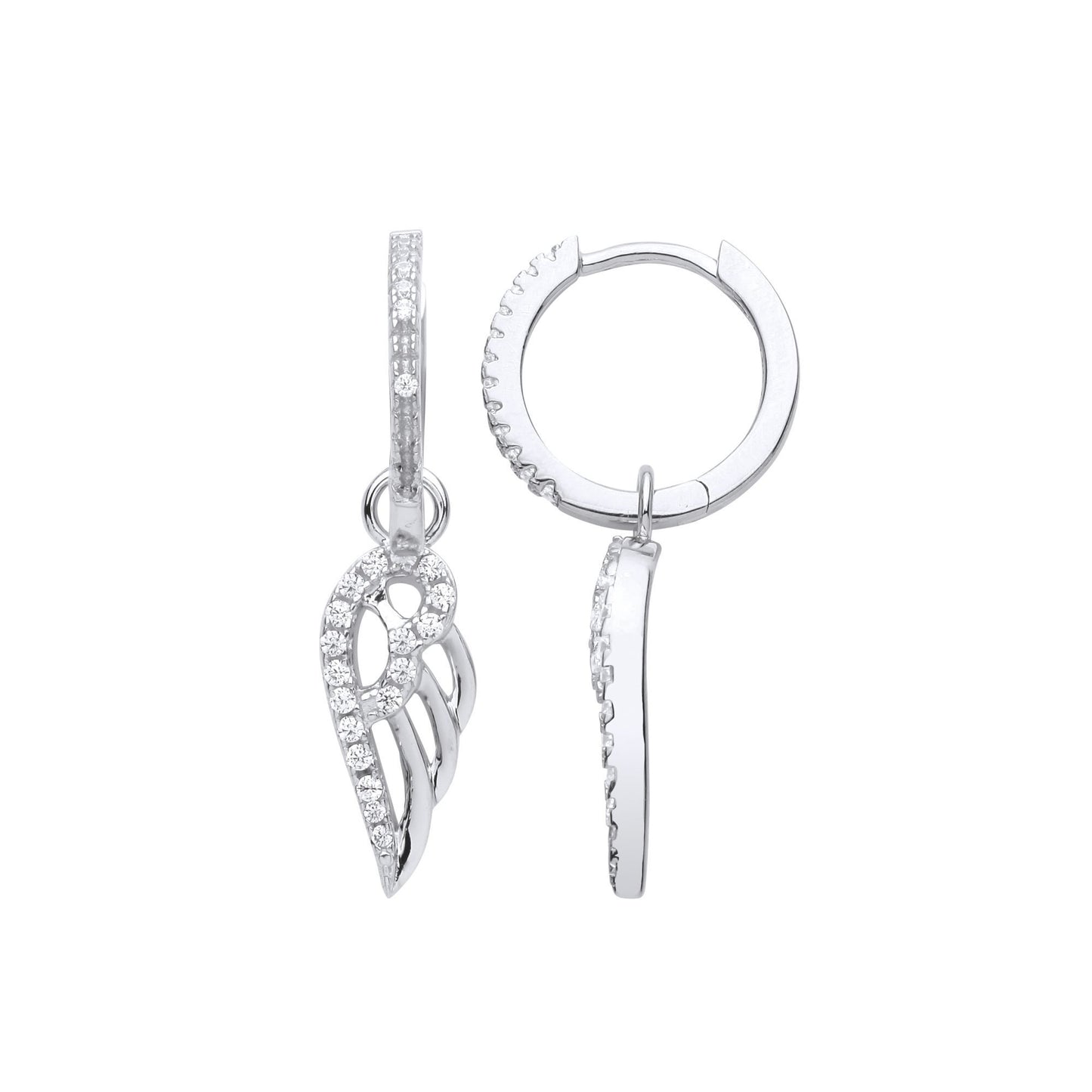 925 Sterling Silver  CZ Angel Wings Huggie Hoop Drop Earrings - GVE975