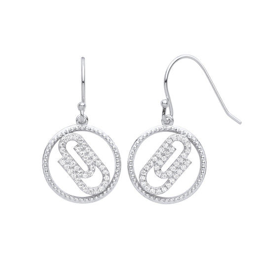 925 Silver  CZ Beaded Halo Ring Paperclip Circle Drop Earrings - GVE976