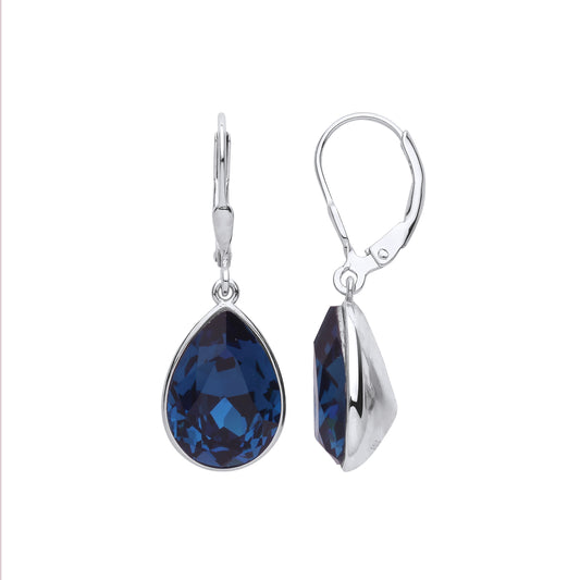 Silver  Blue Pear CZ Bezel Solitaire Midnight Orb Drop Earrings - GVE977