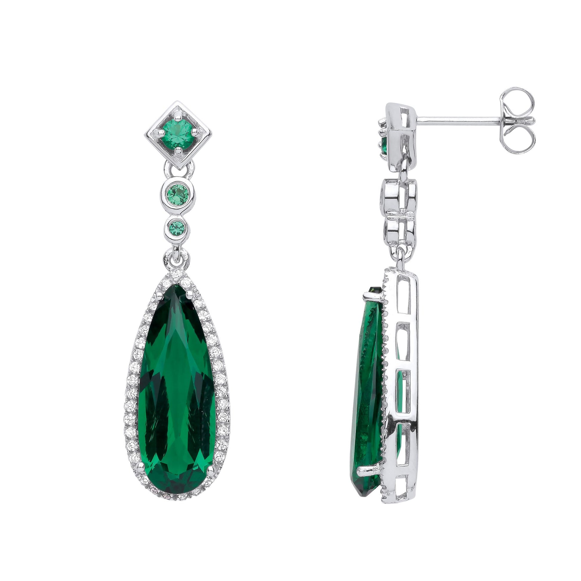 Sterling Silver  Green Pear CZ Elongated Rock Candy Drop Earrings - GVE979EM