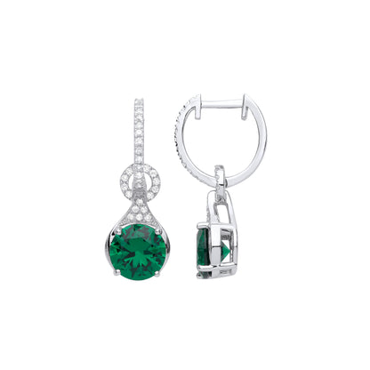 Silver  Green CZ Halo Droplet Solitaire Huggie Hoop Drop Earrings - GVE983