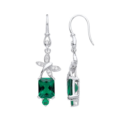 Silver  Green Emerald CZ Butterfly Solitaire Knot Drop Earrings - GVE985