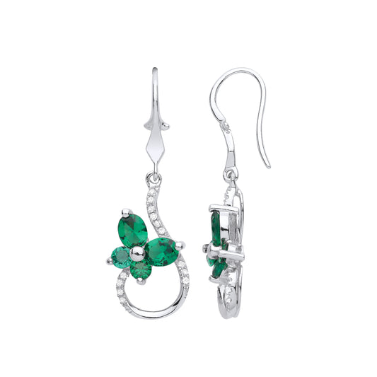 Silver  Green Oval CZ Butterfly Monkey Tail Cluster Drop Earrings - GVE986