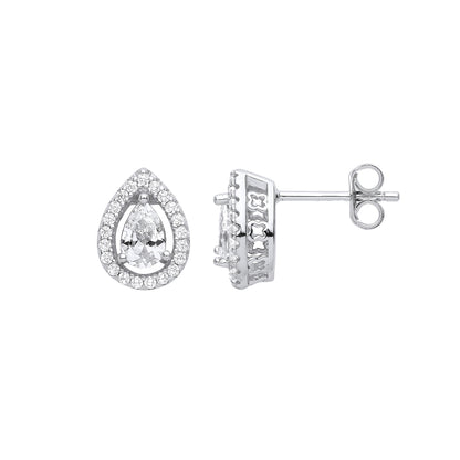 Silver  Pear CZ Kisses Gallery Teardrop Halo Stud Earrings - GVE989