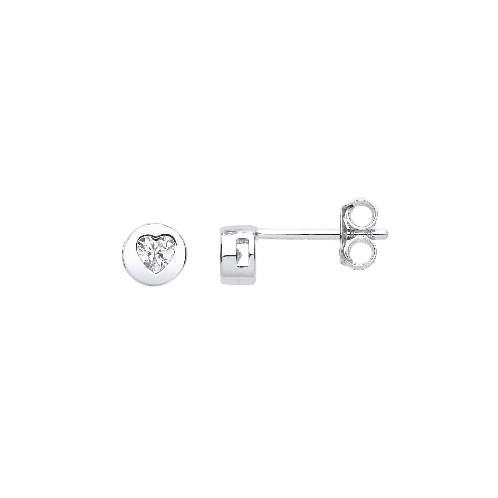 925 Silver  Heart CZ Love Heart Bezel Round Disc Stud Earrings - GVE991
