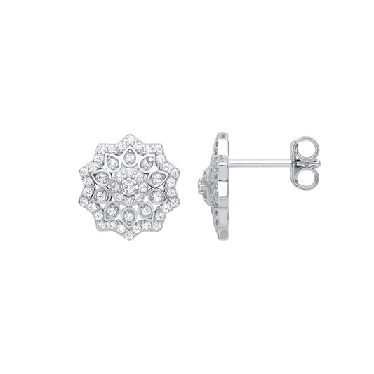 Sterling Silver  CZ Mosaic Avocado Decagram Cluster Stud Earrings - GVE992