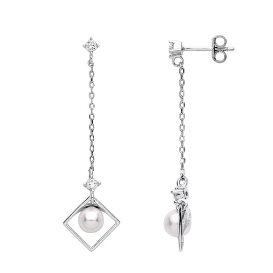 Silver  Pearl CZ Square Chain Shoulder Duster Drop Earrings - GVE994