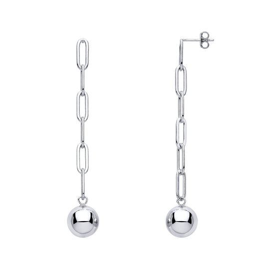Silver  Ball & Chain Paperclip Drop Earrings - GVE996