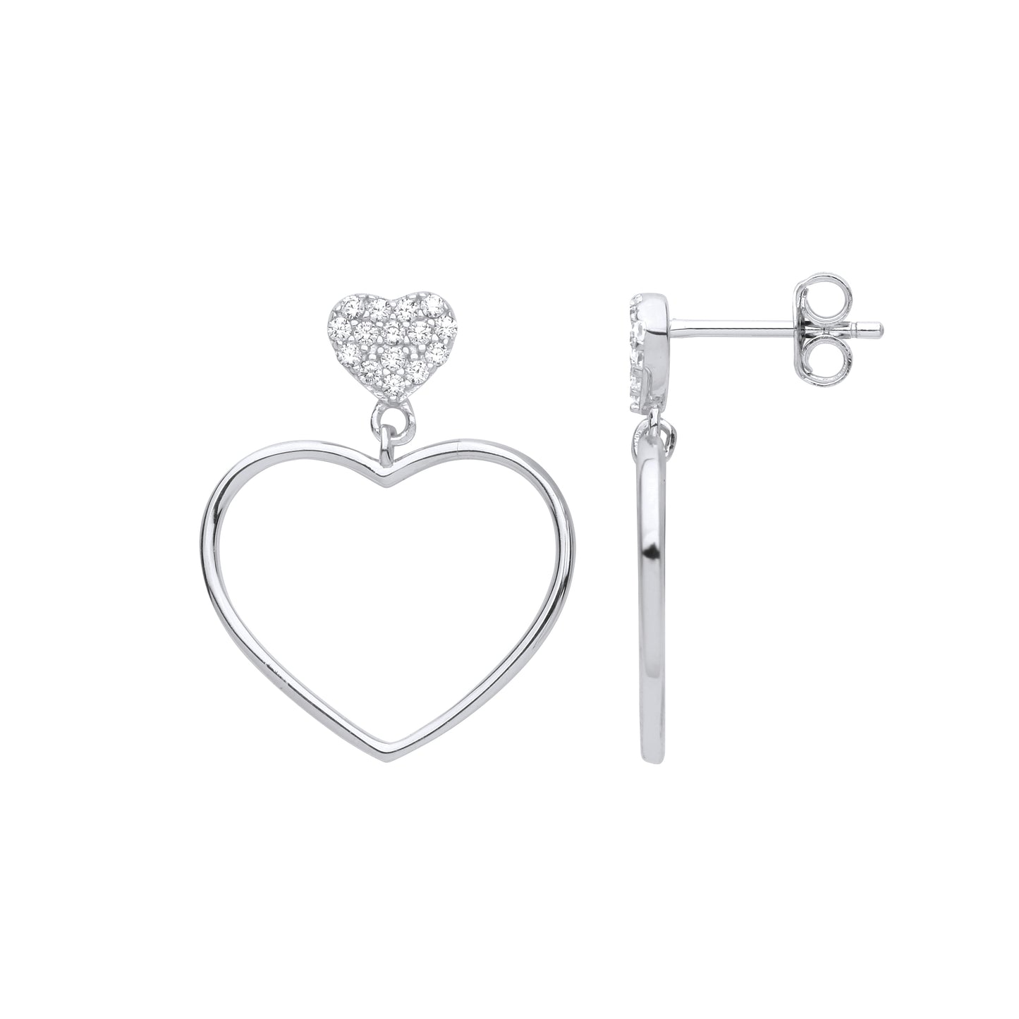 Silver  Open Love Heart Outline Cluster Drop Earrings - GVE998